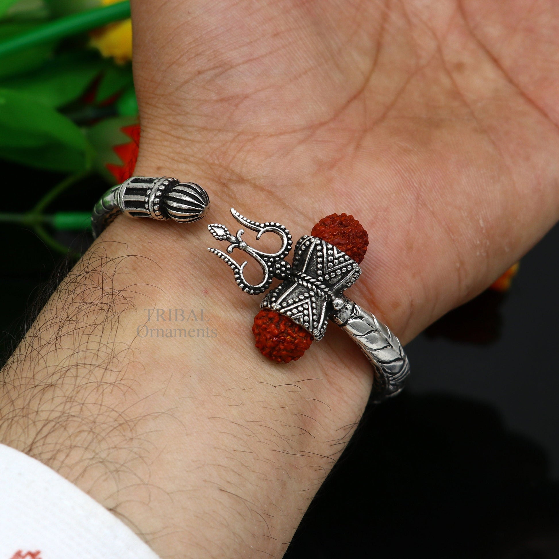925 Sterling silver handmade chitai work Lord Shiva trident trishul kada bangle bracelet natural Rudraksha customized Bahubali kada nssk755 - TRIBAL ORNAMENTS