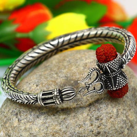 925 Sterling silver handmade chitai work Lord Shiva trident trishul kada bangle bracelet with natural Rudraksha bahubali kada nsk458 - TRIBAL ORNAMENTS