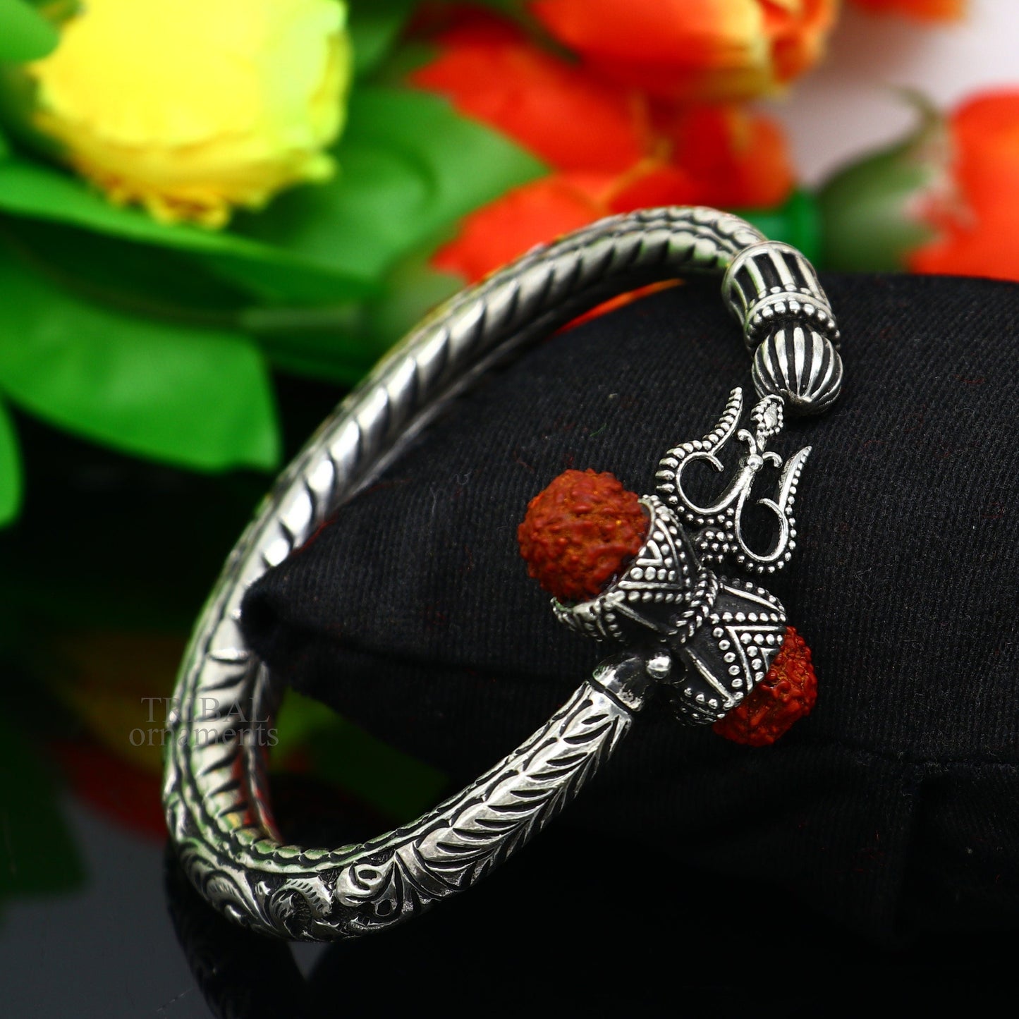 925 Sterling silver handmade chitai work Lord Shiva trident trishul kada bangle bracelet with natural Rudraksha bahubali kada nsk458 - TRIBAL ORNAMENTS