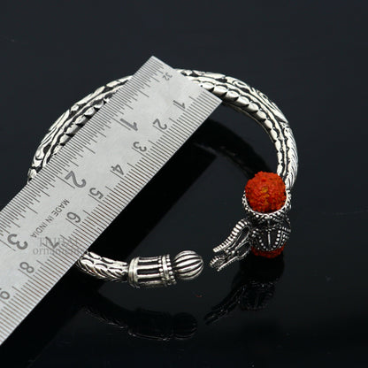 925 Sterling silver handmade chitai work Lord Shiva trident trishul kada bangle bracelet with natural Rudraksha bahubali kada nsk458 - TRIBAL ORNAMENTS