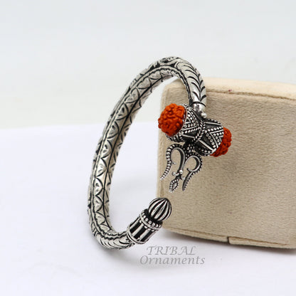 925 Sterling silver handmade chitai work Lord Shiva trident trishul kada bangle bracelet with natural Rudraksha customized kada nsk419 - TRIBAL ORNAMENTS