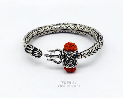 925 Sterling silver handmade chitai work Lord Shiva trident trishul kada bangle bracelet with natural Rudraksha customized kada nsk419 - TRIBAL ORNAMENTS