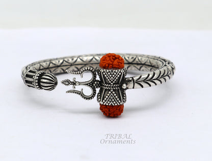 925 Sterling silver handmade chitai work Lord Shiva trident trishul kada bangle bracelet with natural Rudraksha customized kada nsk419 - TRIBAL ORNAMENTS