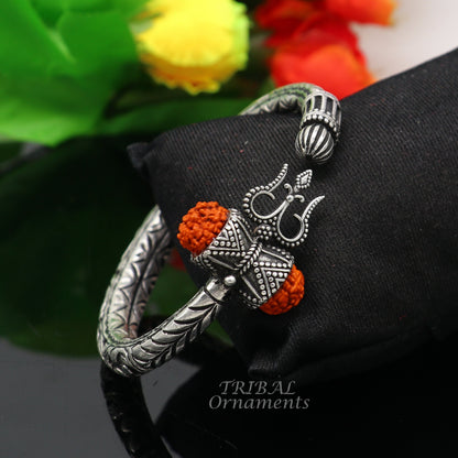 925 Sterling silver handmade chitai work Lord Shiva trident trishul kada bangle bracelet with natural Rudraksha customized kada nsk419 - TRIBAL ORNAMENTS