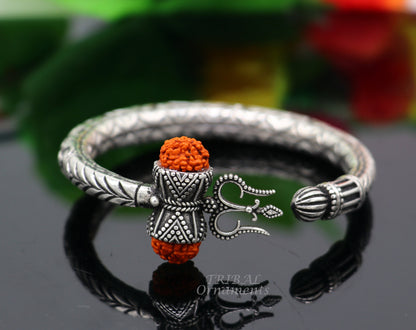 925 Sterling silver handmade chitai work Lord Shiva trident trishul kada bangle bracelet with natural Rudraksha customized kada nsk419 - TRIBAL ORNAMENTS