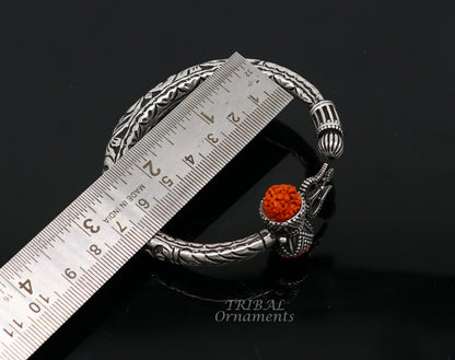 925 Sterling silver handmade chitai work Lord Shiva trident trishul kada bangle bracelet with natural Rudraksha customized kada nsk419 - TRIBAL ORNAMENTS