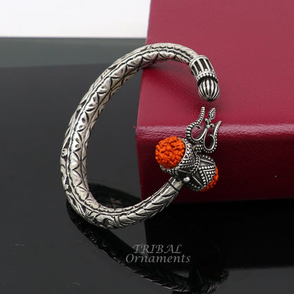 925 Sterling silver handmade chitai work Lord Shiva trident trishul kada bangle bracelet with natural Rudraksha customized kada nsk419 - TRIBAL ORNAMENTS