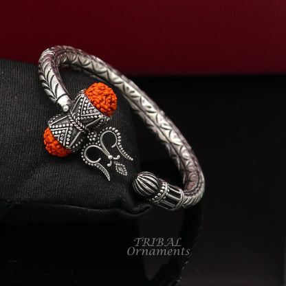925 Sterling silver handmade chitai work Lord Shiva trident trishul kada bangle bracelet with natural Rudraksha customized kada nsk419 - TRIBAL ORNAMENTS
