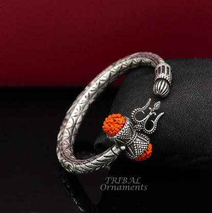 925 Sterling silver handmade chitai work Lord Shiva trident trishul kada bangle bracelet with natural Rudraksha customized kada nsk419 - TRIBAL ORNAMENTS