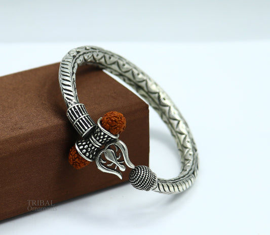 925 Sterling silver handmade chitai work Lord Shiva trident trishul kada bangle bracelet with natural Rudraksha customized kada nsk420 - TRIBAL ORNAMENTS