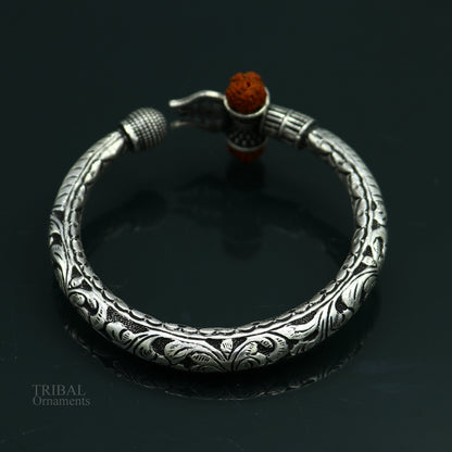925 Sterling silver handmade chitai work Lord Shiva trident trishul kada bangle bracelet with natural Rudraksha customized kada nsk420 - TRIBAL ORNAMENTS