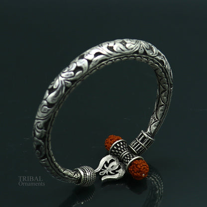 925 Sterling silver handmade chitai work Lord Shiva trident trishul kada bangle bracelet with natural Rudraksha customized kada nsk420 - TRIBAL ORNAMENTS