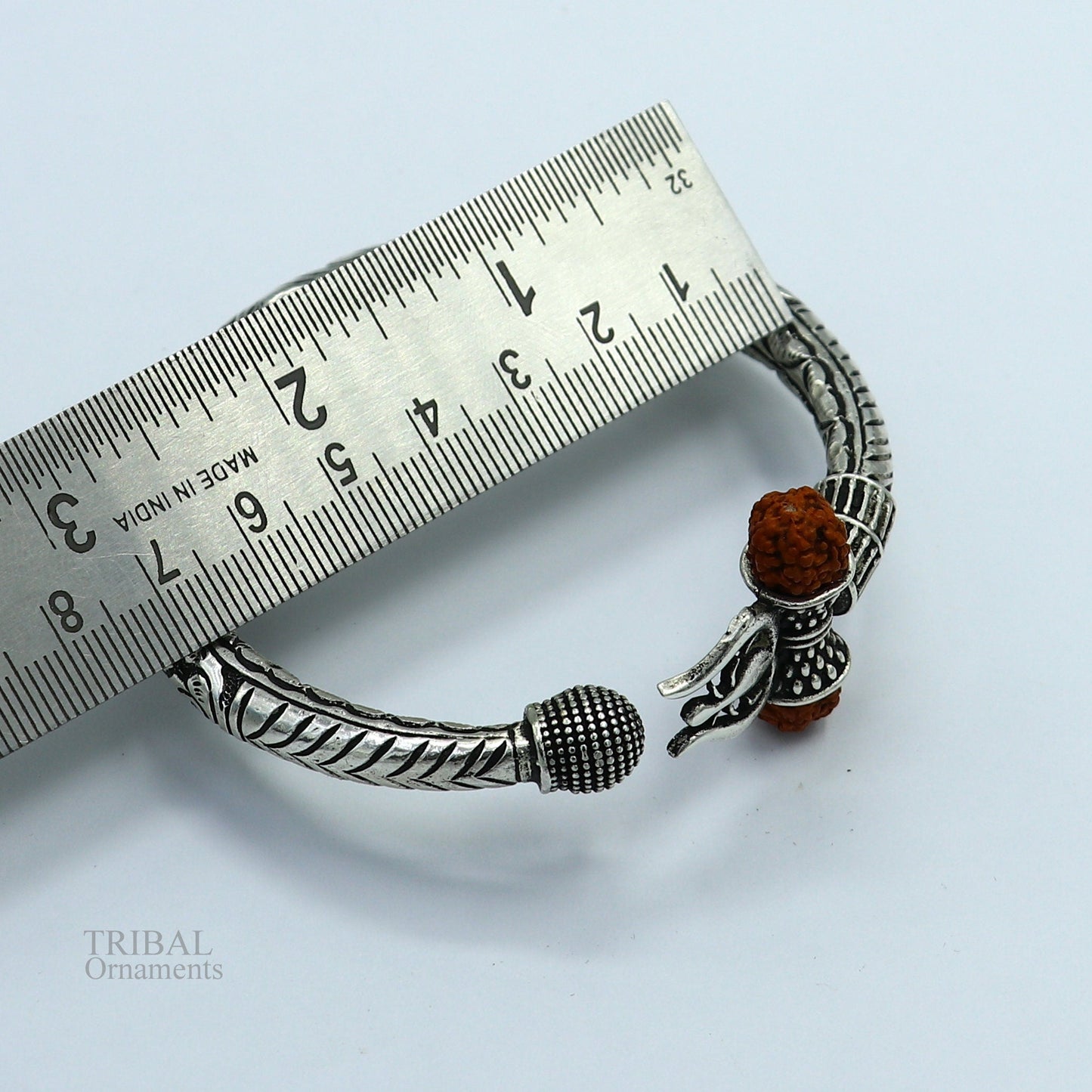 925 Sterling silver handmade chitai work Lord Shiva trident trishul kada bangle bracelet with natural Rudraksha customized kada nsk420 - TRIBAL ORNAMENTS
