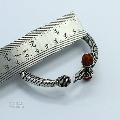 925 Sterling silver handmade chitai work Lord Shiva trident trishul kada bangle bracelet with natural Rudraksha customized kada nsk420 - TRIBAL ORNAMENTS