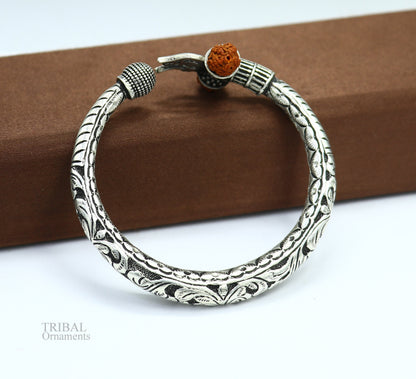 925 Sterling silver handmade chitai work Lord Shiva trident trishul kada bangle bracelet with natural Rudraksha customized kada nsk420 - TRIBAL ORNAMENTS