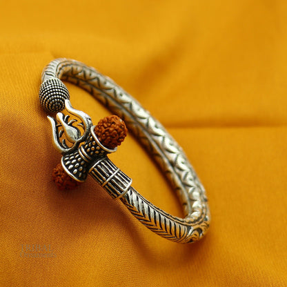 925 Sterling silver handmade chitai work Lord Shiva trident trishul kada bangle bracelet with natural Rudraksha customized kada nsk420 - TRIBAL ORNAMENTS