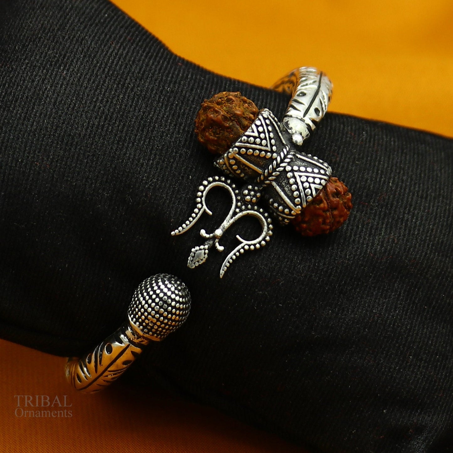 925 Sterling silver handmade chitai work Lord Shiva trident trishul kada bangle bracelet with natural Rudraksha customized kada nsk422 - TRIBAL ORNAMENTS