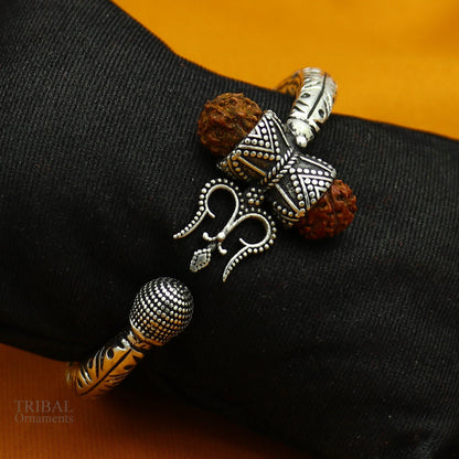 925 Sterling silver handmade chitai work Lord Shiva trident trishul kada bangle bracelet with natural Rudraksha customized kada nsk422 - TRIBAL ORNAMENTS