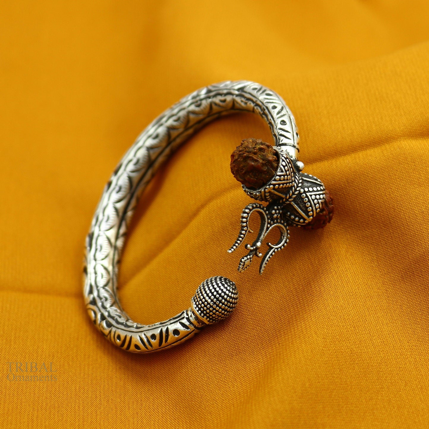 925 Sterling silver handmade chitai work Lord Shiva trident trishul kada bangle bracelet with natural Rudraksha customized kada nsk422 - TRIBAL ORNAMENTS