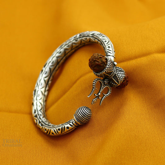 925 Sterling silver handmade chitai work Lord Shiva trident trishul kada bangle bracelet with natural Rudraksha customized kada nsk422 - TRIBAL ORNAMENTS