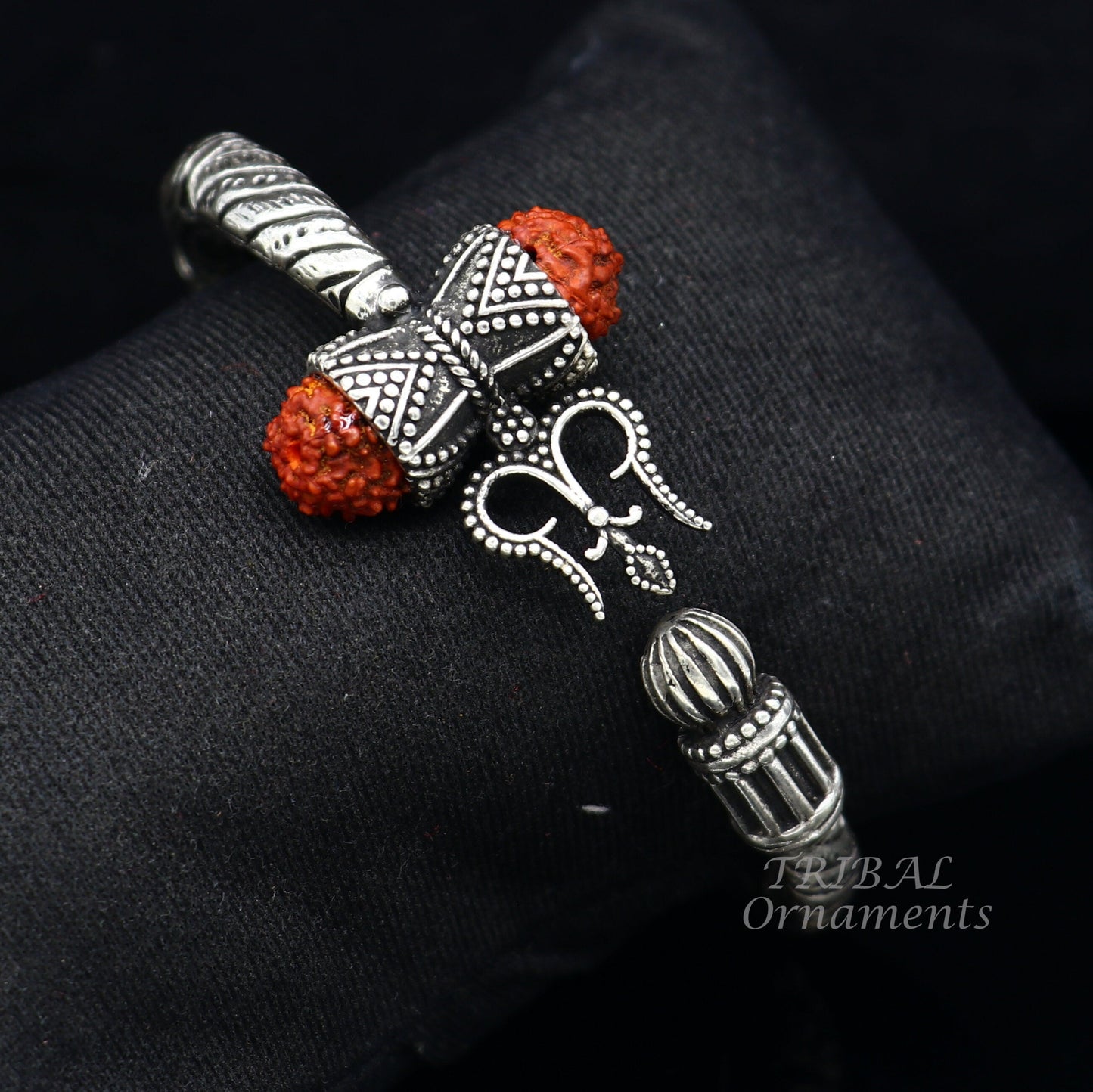 925 Sterling silver handmade chitai work Lord Shiva trident trishul kada bangle bracelet with natural Rudraksha customized kada nsk513 - TRIBAL ORNAMENTS