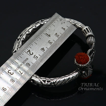 925 Sterling silver handmade chitai work Lord Shiva trident trishul kada bangle bracelet with natural Rudraksha customized kada nsk513 - TRIBAL ORNAMENTS