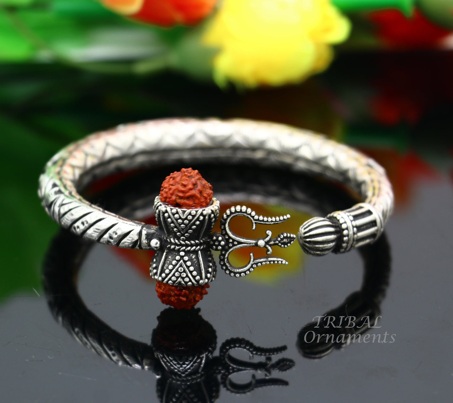 925 Sterling silver handmade chitai work Lord Shiva trident trishul kada bangle bracelet with natural Rudraksha customized kada nsk513 - TRIBAL ORNAMENTS
