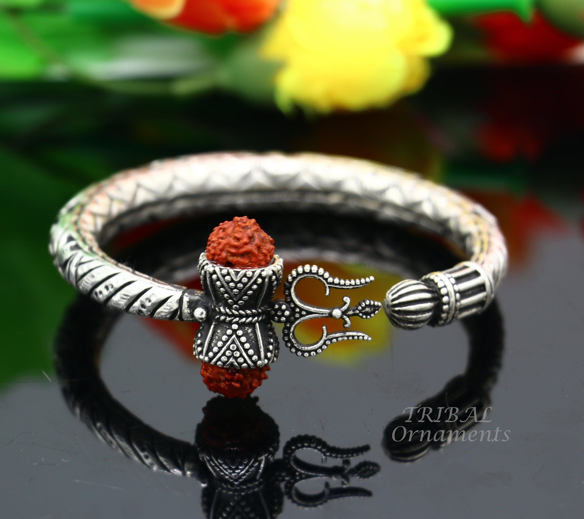 925 Sterling silver handmade chitai work Lord Shiva trident trishul kada bangle bracelet with natural Rudraksha customized kada nsk513 - TRIBAL ORNAMENTS