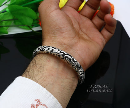 925 Sterling silver handmade chitai work Lord Shiva trident trishul kada bangle bracelet with natural Rudraksha customized kada nsk513 - TRIBAL ORNAMENTS