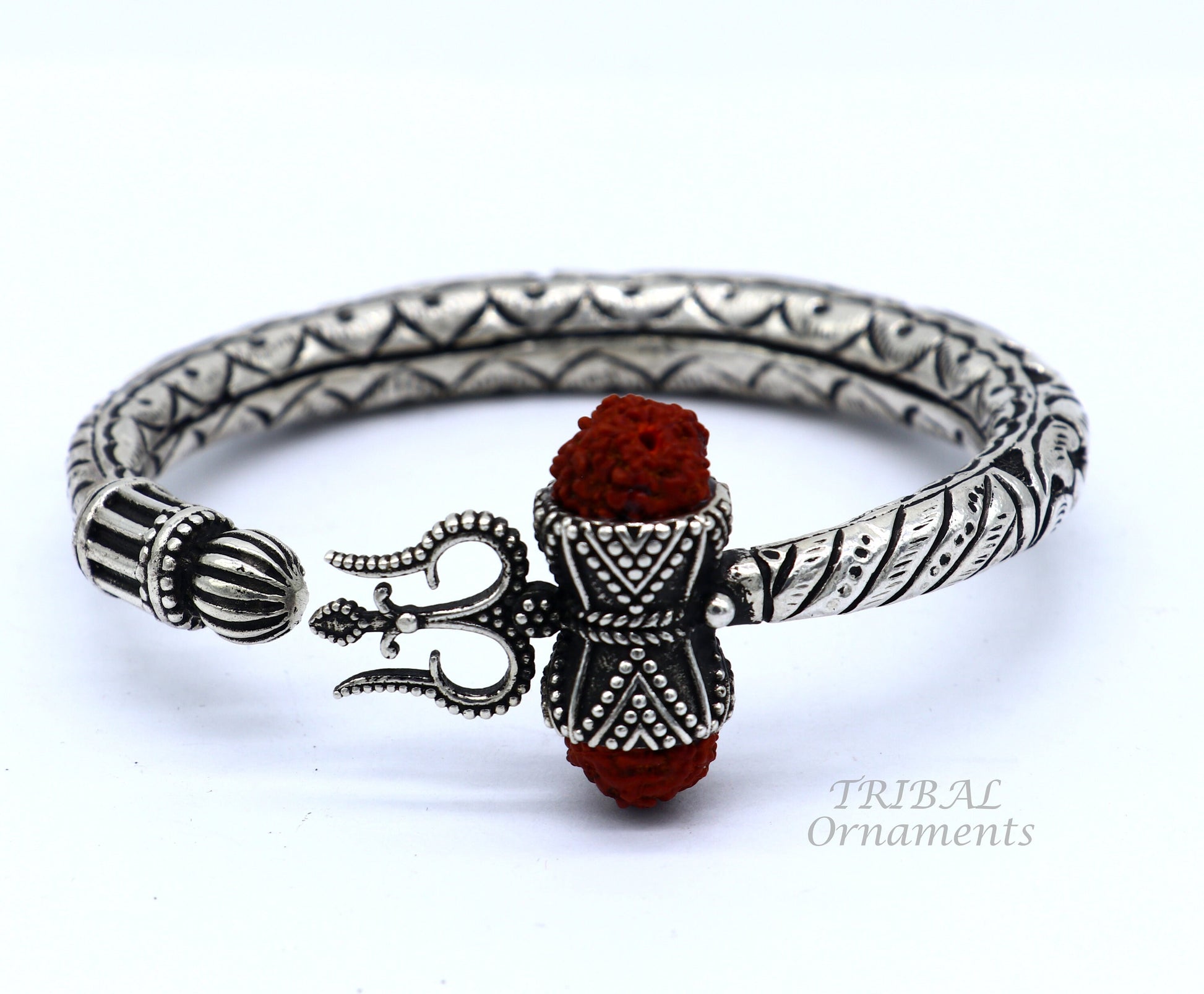 925 Sterling silver handmade chitai work Lord Shiva trident trishul kada bangle bracelet with natural Rudraksha customized kada nsk513 - TRIBAL ORNAMENTS