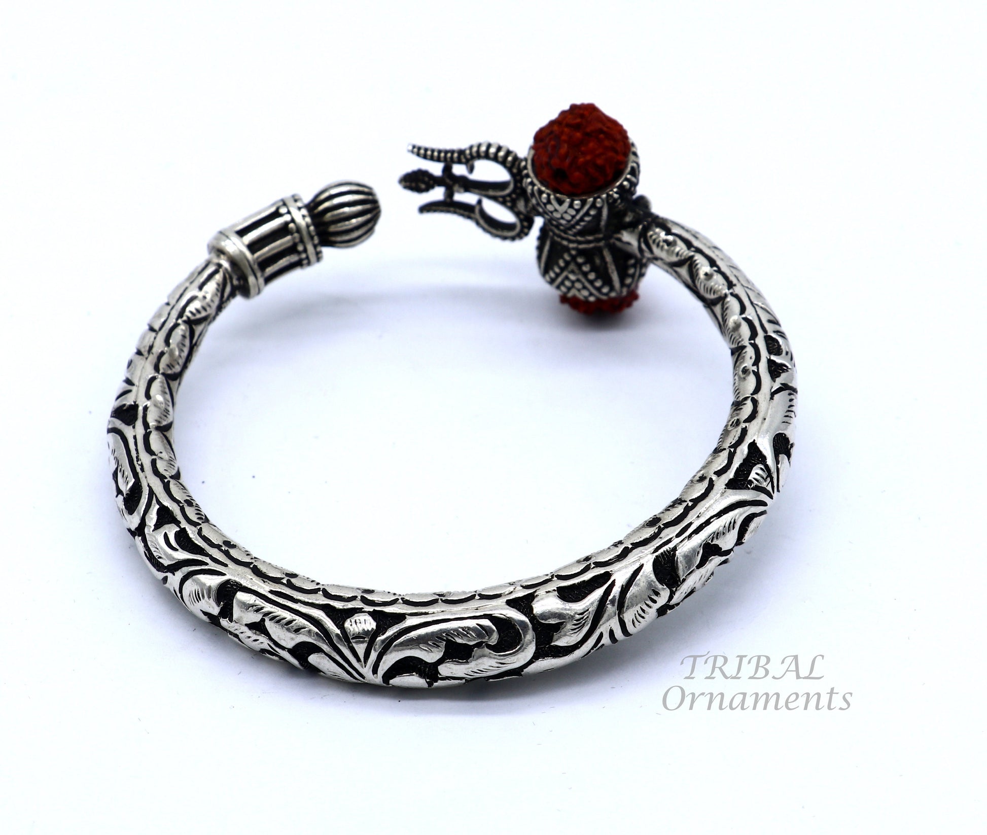 925 Sterling silver handmade chitai work Lord Shiva trident trishul kada bangle bracelet with natural Rudraksha customized kada nsk513 - TRIBAL ORNAMENTS