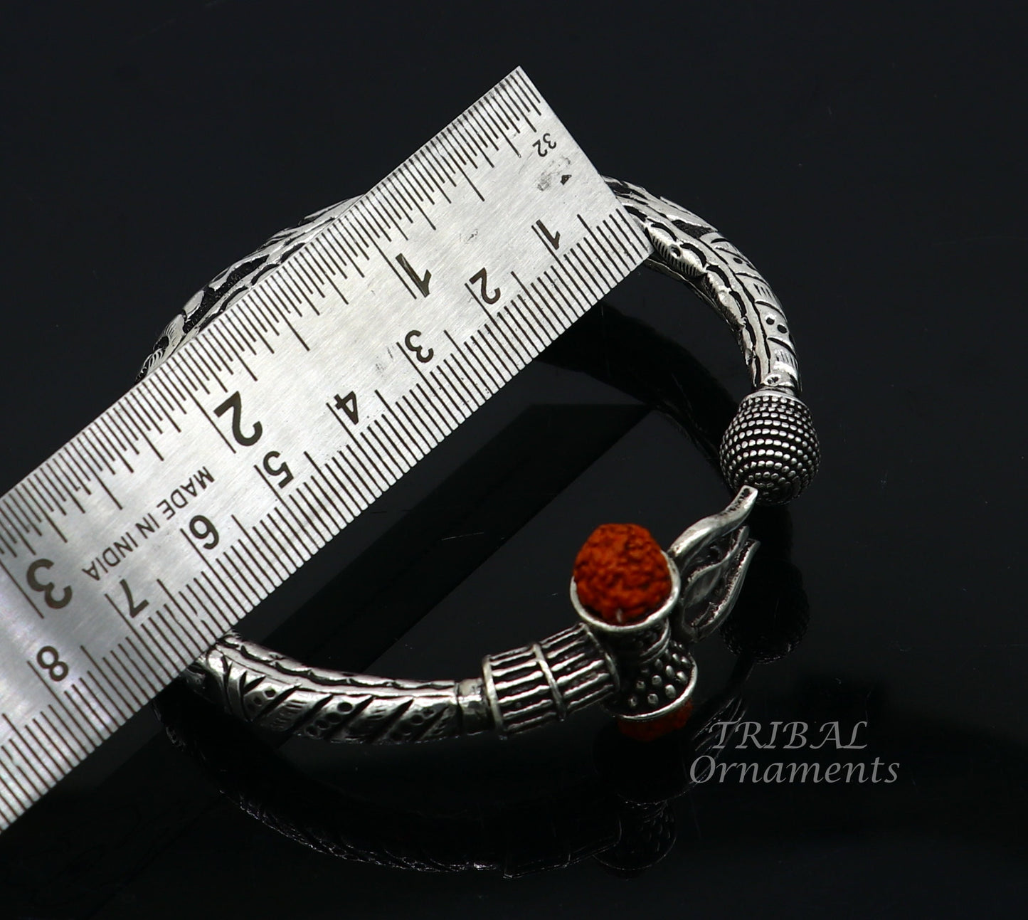 925 Sterling silver handmade chitai work Lord Shiva trident trishul kada bangle bracelet with natural Rudraksha customized kada nsk514 - TRIBAL ORNAMENTS