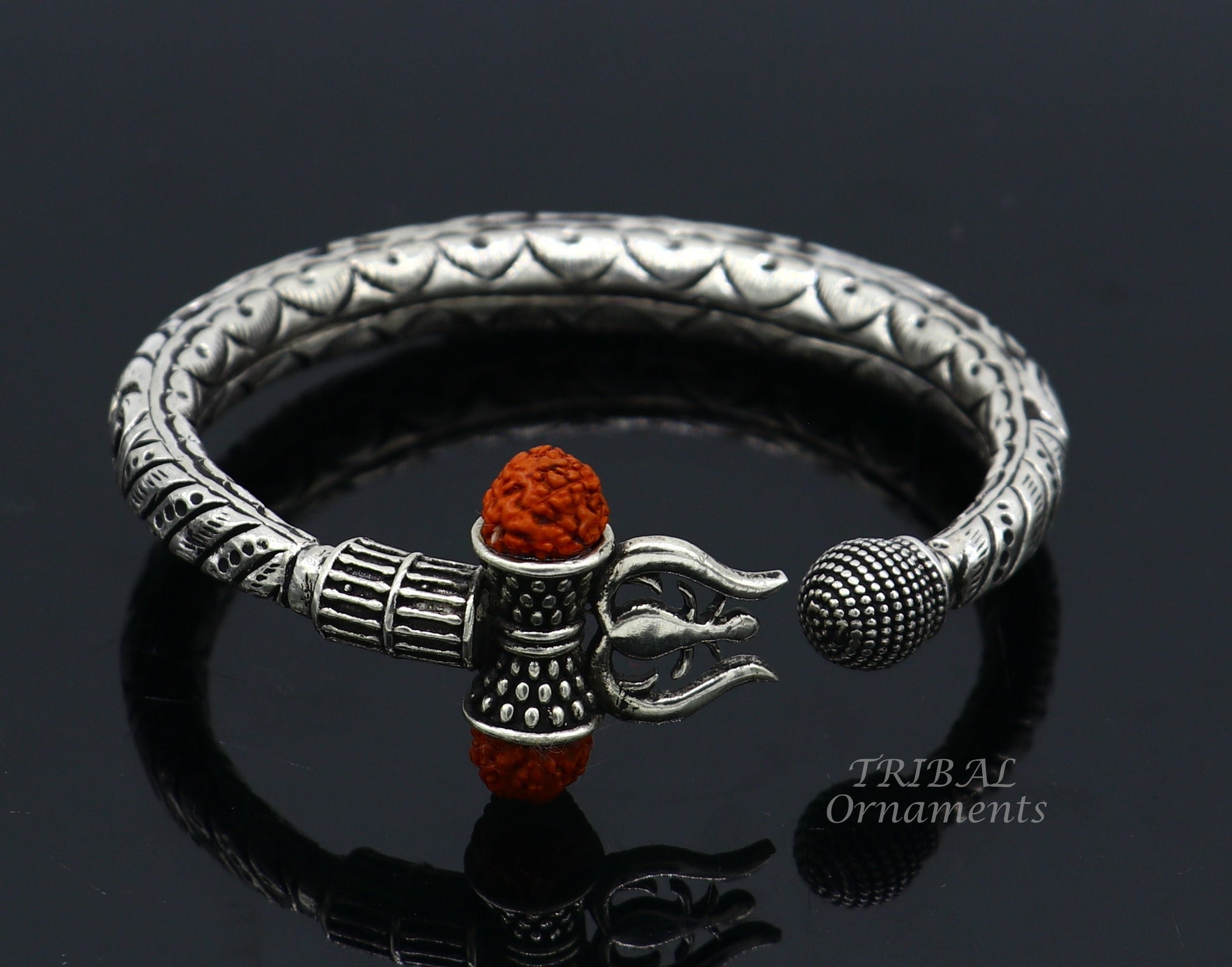 925 Sterling silver handmade chitai work Lord Shiva trident trishul kada bangle bracelet with natural Rudraksha customized kada nsk514 - TRIBAL ORNAMENTS