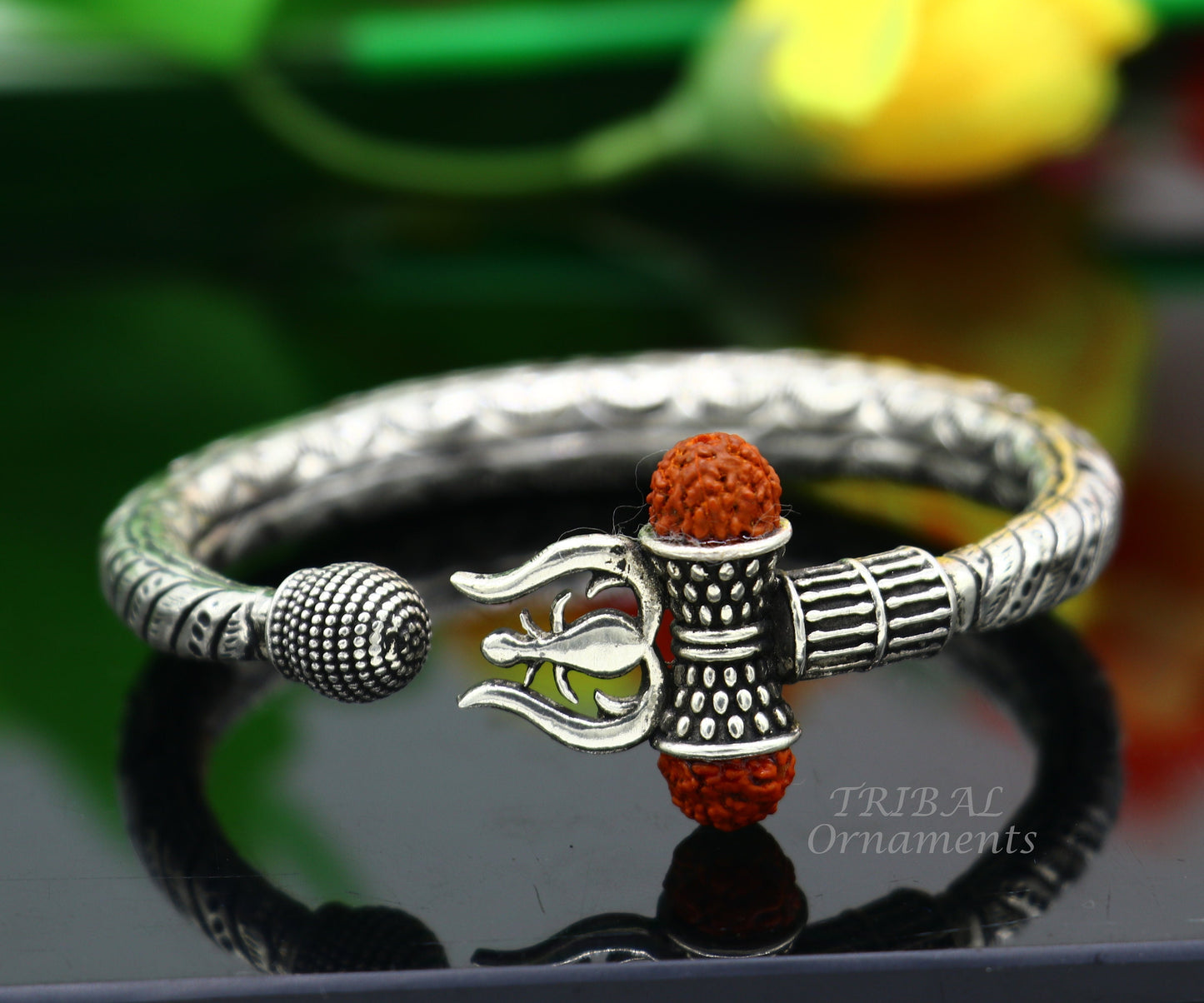 925 Sterling silver handmade chitai work Lord Shiva trident trishul kada bangle bracelet with natural Rudraksha customized kada nsk514 - TRIBAL ORNAMENTS