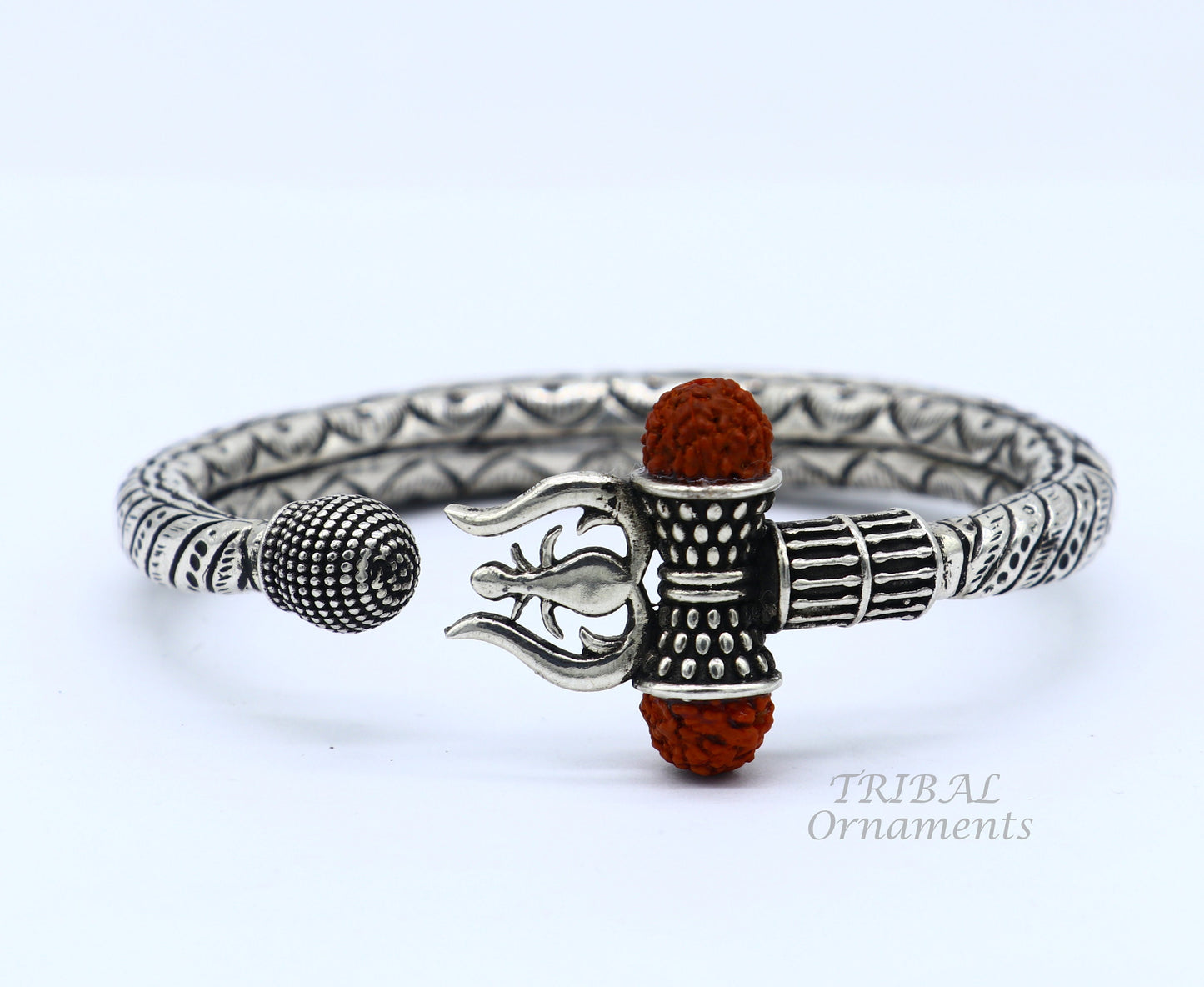 925 Sterling silver handmade chitai work Lord Shiva trident trishul kada bangle bracelet with natural Rudraksha customized kada nsk514 - TRIBAL ORNAMENTS