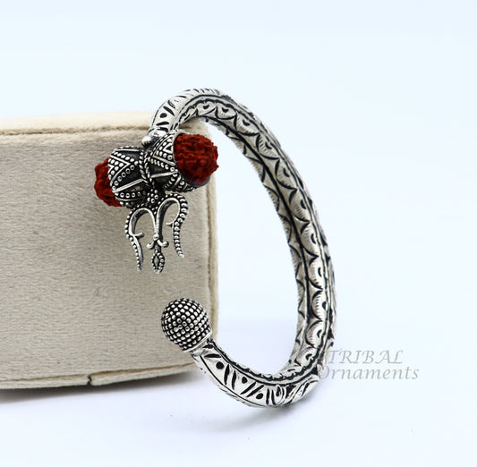 925 Sterling silver handmade chitai work Lord Shiva trident trishul kada bangle bracelet with natural Rudraksha customized kada NSK517 - TRIBAL ORNAMENTS