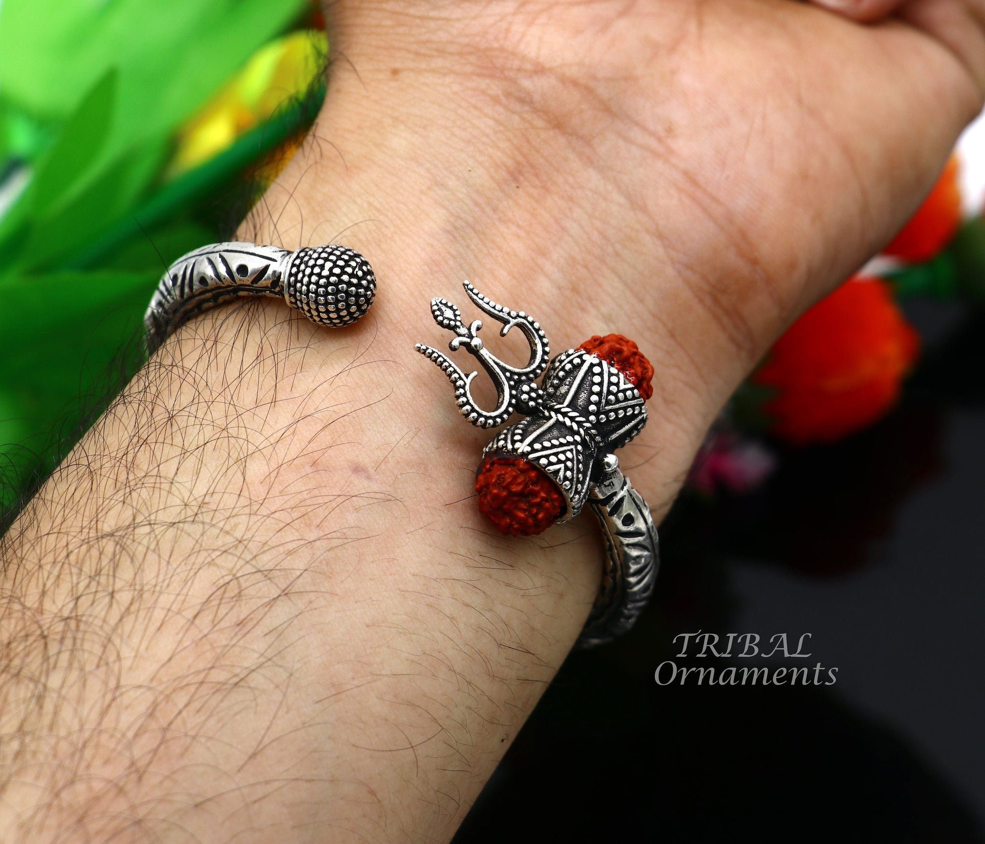 925 Sterling silver handmade chitai work Lord Shiva trident trishul kada bangle bracelet with natural Rudraksha customized kada NSK517 - TRIBAL ORNAMENTS