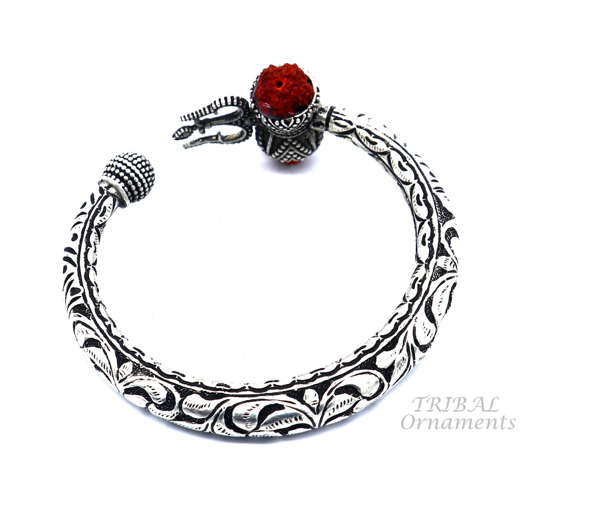 925 Sterling silver handmade chitai work Lord Shiva trident trishul kada bangle bracelet with natural Rudraksha customized kada NSK517 - TRIBAL ORNAMENTS