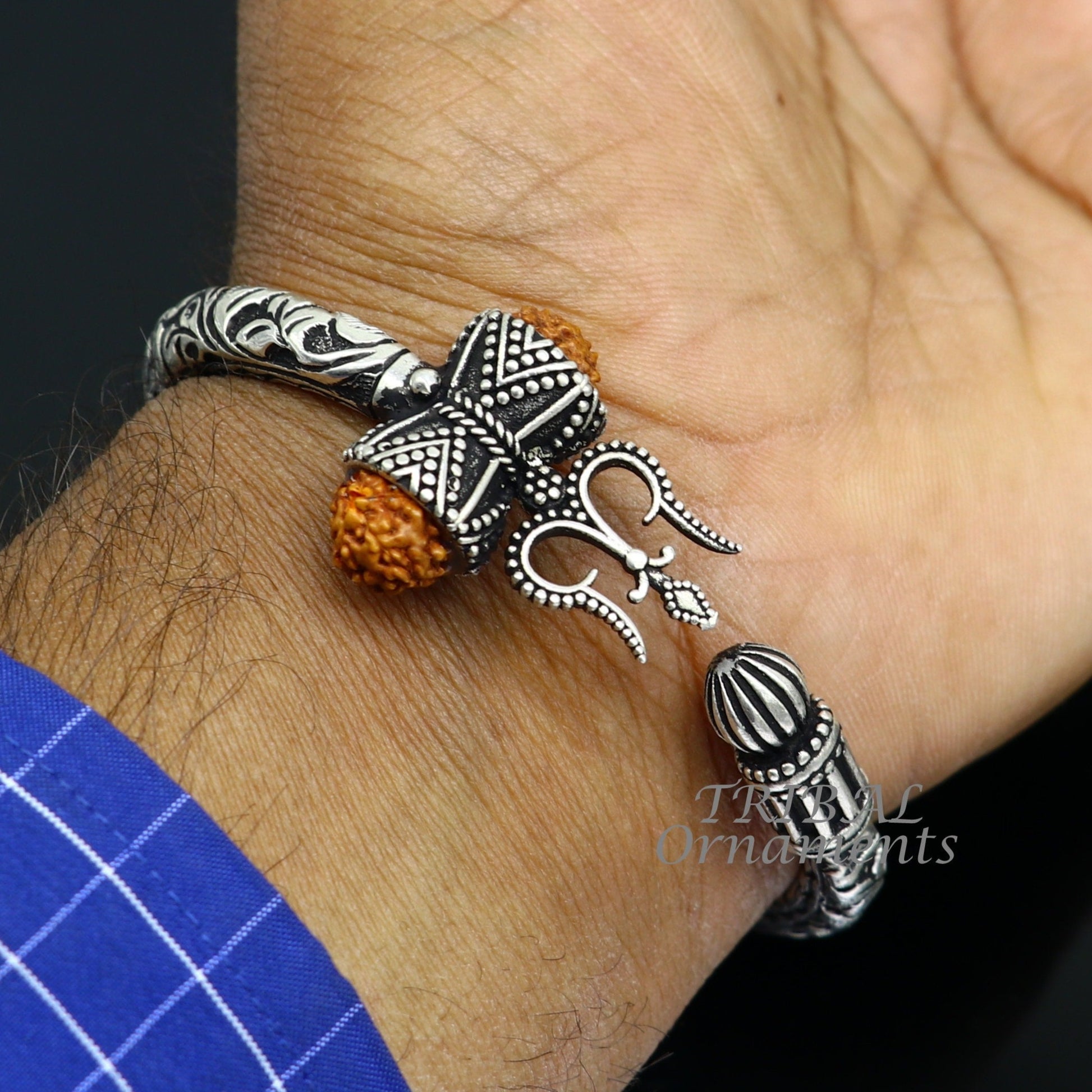 925 Sterling silver handmade chitai work Lord Shiva trident trishul kada bangle bracelet with natural Rudraksha customized kada nsk592 - TRIBAL ORNAMENTS