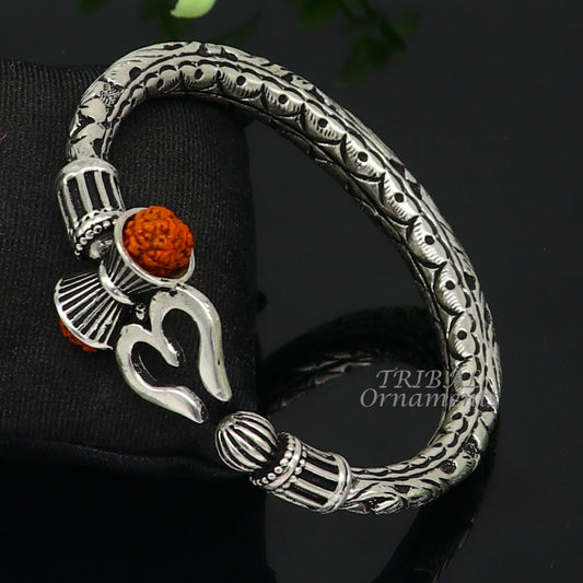 925 Sterling silver handmade chitai work Lord Shiva trident trishul kada bangle bracelet with natural Rudraksha customized kada nsk593 - TRIBAL ORNAMENTS