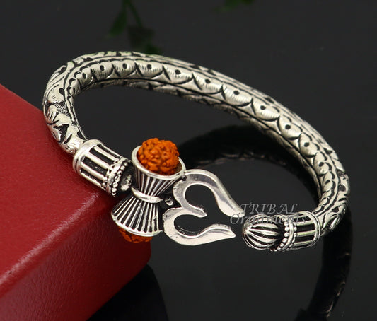 925 Sterling silver handmade chitai work Lord Shiva trident trishul kada bangle bracelet with natural Rudraksha customized kada nsk593 - TRIBAL ORNAMENTS