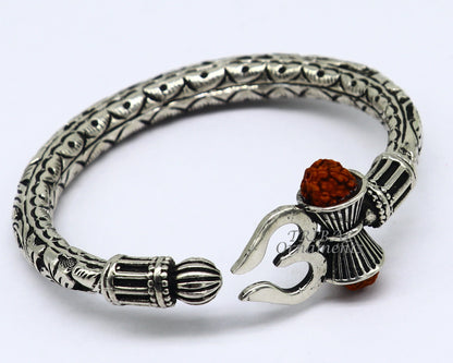 925 Sterling silver handmade chitai work Lord Shiva trident trishul kada bangle bracelet with natural Rudraksha customized kada nsk593 - TRIBAL ORNAMENTS