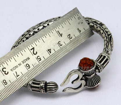 925 Sterling silver handmade chitai work Lord Shiva trident trishul kada bangle bracelet with natural Rudraksha customized kada nsk593 - TRIBAL ORNAMENTS