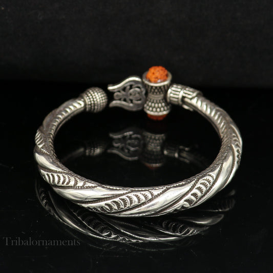 925 Sterling silver handmade chitai work Lord Shiva trident trishul kada bangle bracelet with natural Rudraksha customized kada nssk470 - TRIBAL ORNAMENTS