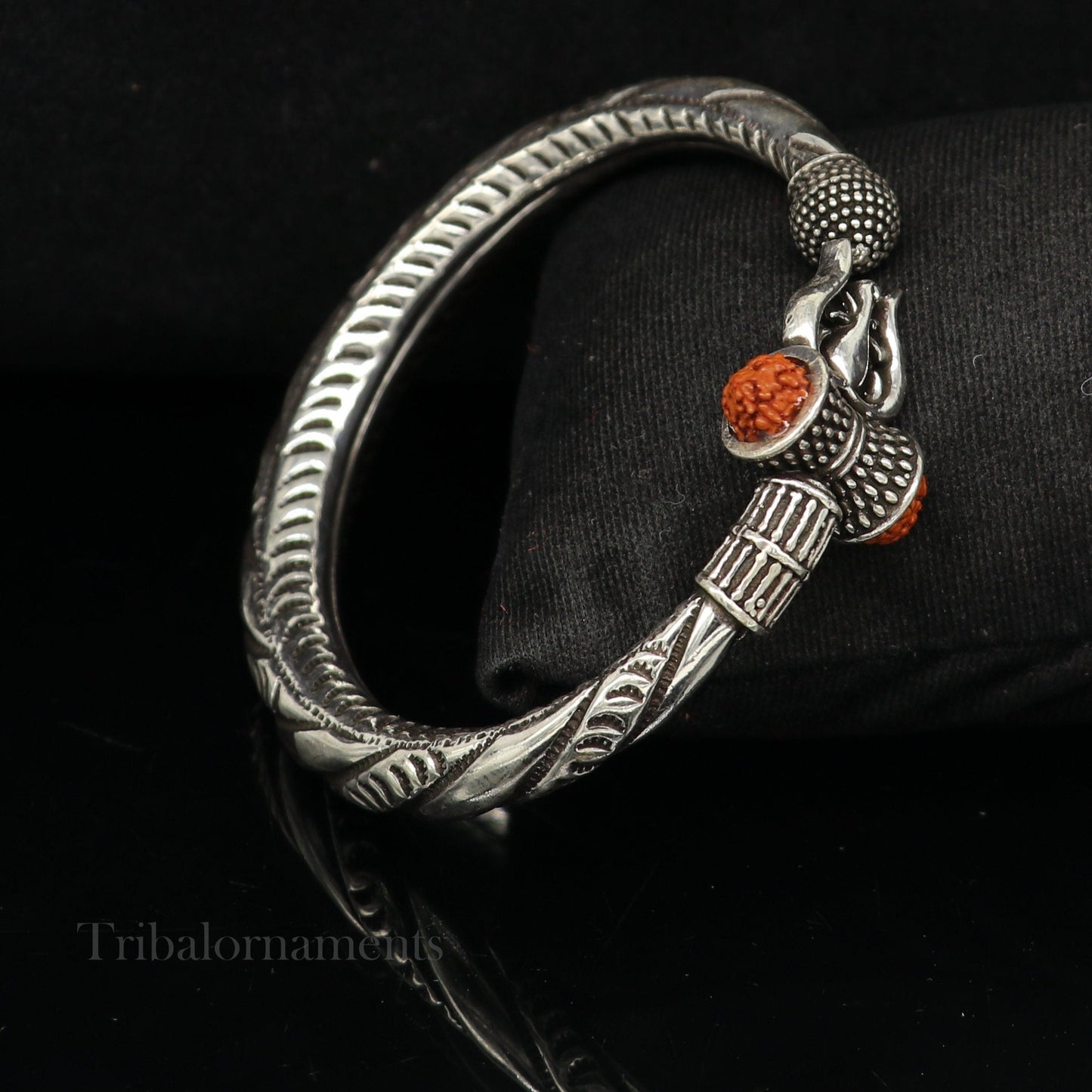925 Sterling silver handmade chitai work Lord Shiva trident trishul kada bangle bracelet with natural Rudraksha customized kada nssk470 - TRIBAL ORNAMENTS