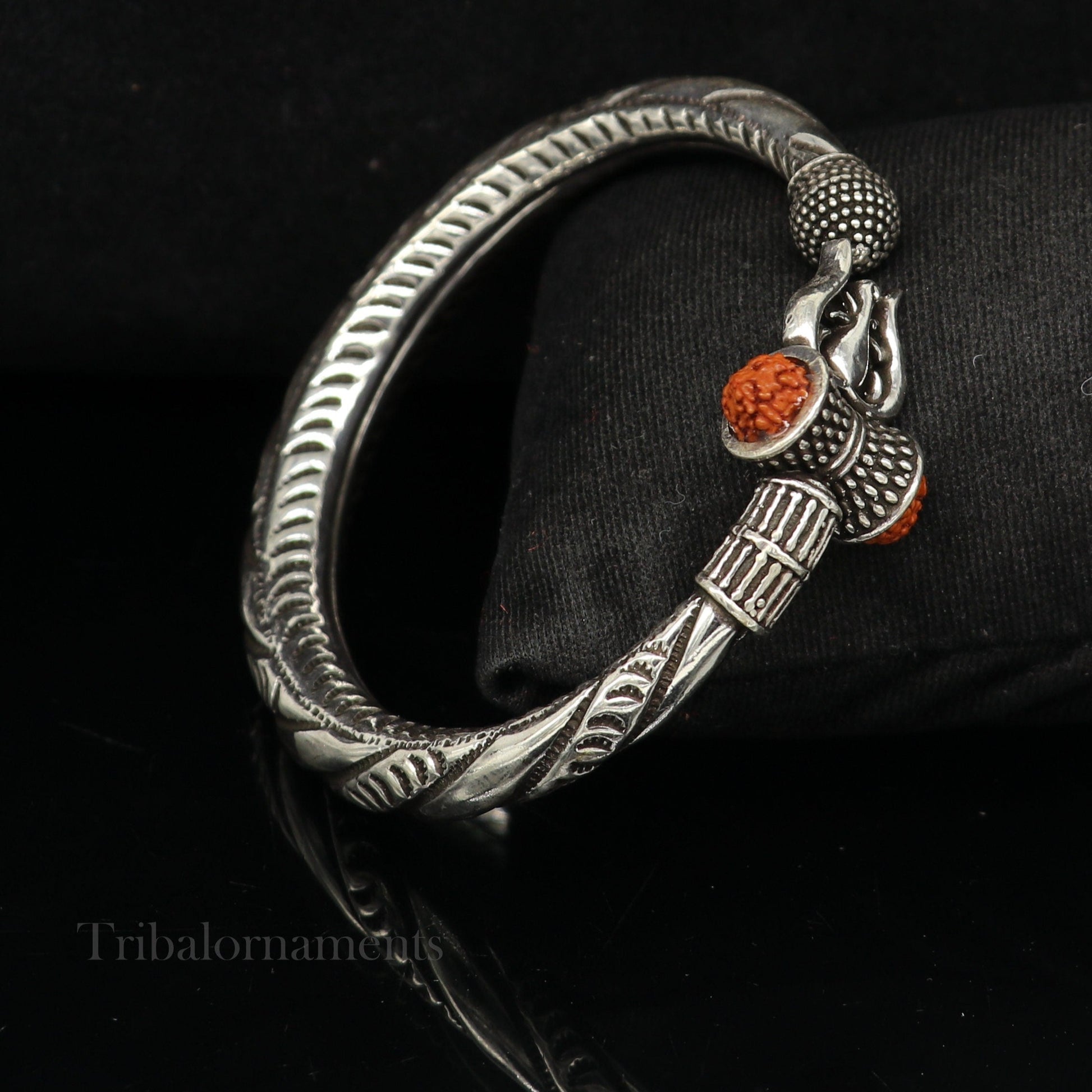 925 Sterling silver handmade chitai work Lord Shiva trident trishul kada bangle bracelet with natural Rudraksha customized kada nssk470 - TRIBAL ORNAMENTS