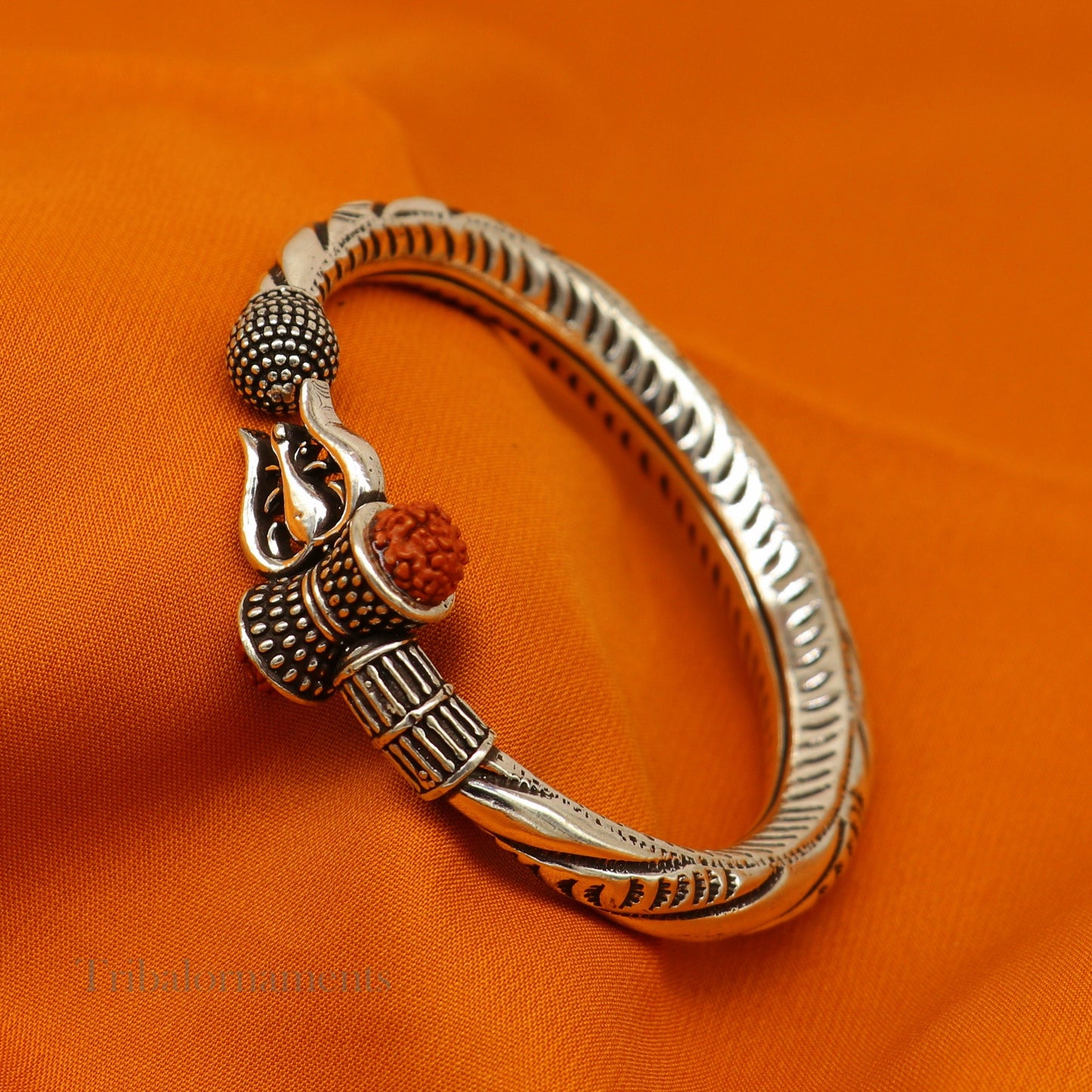 925 Sterling silver handmade chitai work Lord Shiva trident trishul kada bangle bracelet with natural Rudraksha customized kada nssk470 - TRIBAL ORNAMENTS