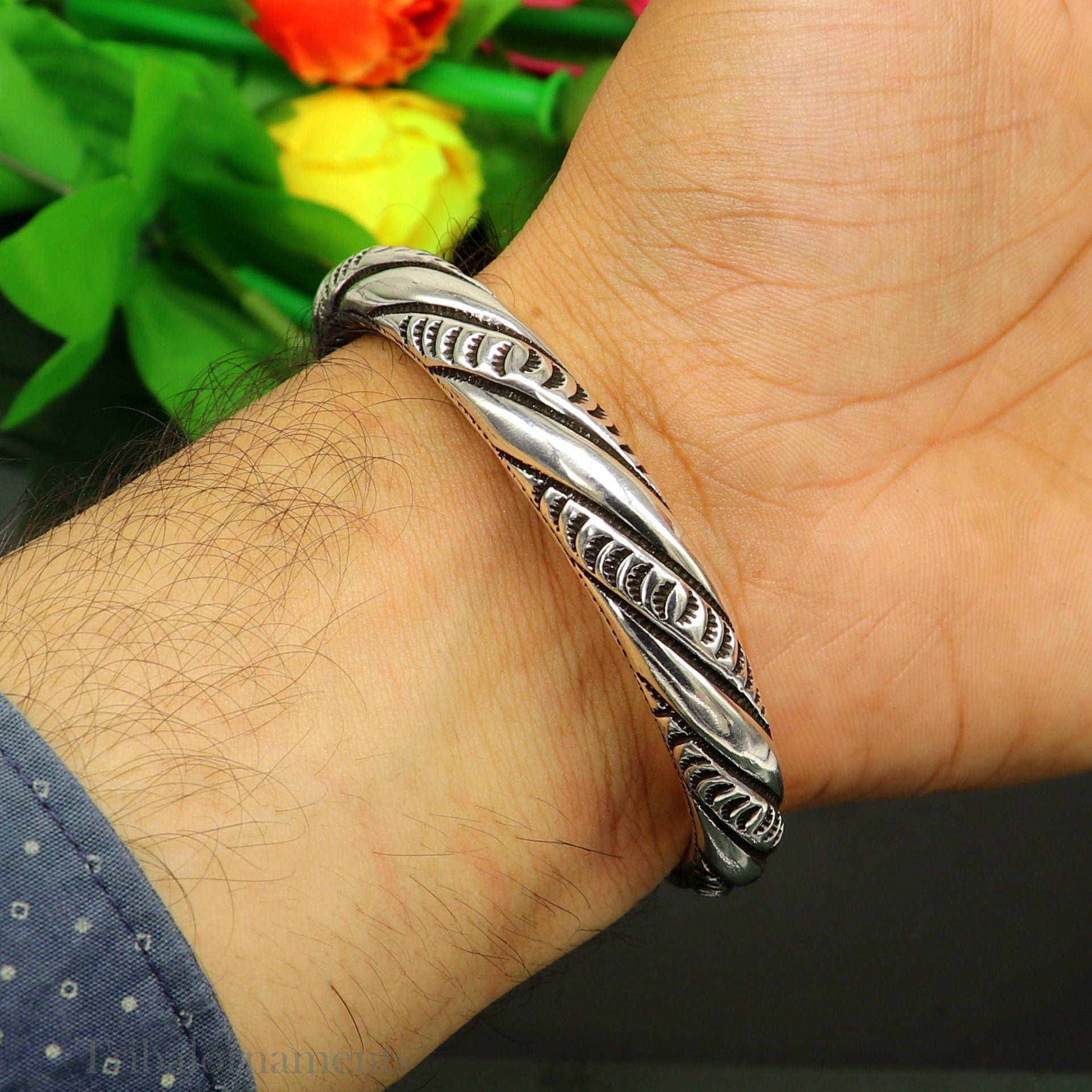 925 Sterling silver handmade chitai work Lord Shiva trident trishul kada bangle bracelet with natural Rudraksha customized kada nssk470 - TRIBAL ORNAMENTS