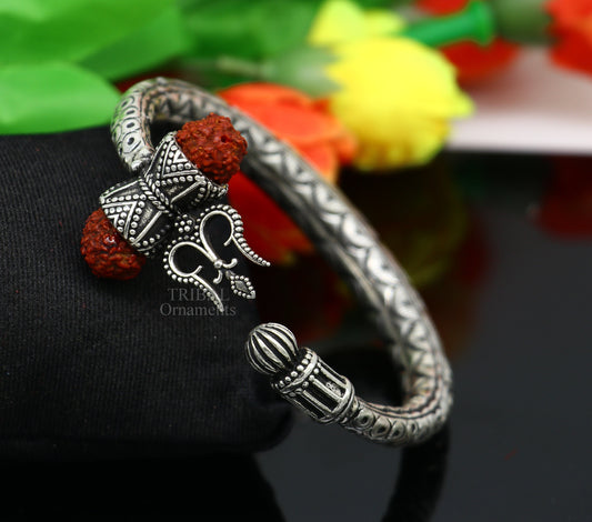 925 Sterling silver handmade chitai work Lord Shiva trident trishul kada bangle bracelet with natural Rudraksha customized kada nssk757 - TRIBAL ORNAMENTS
