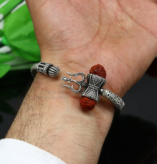 925 Sterling silver handmade chitai work Lord Shiva trident trishul kada bangle bracelet with natural Rudraksha customized kada nssk757 - TRIBAL ORNAMENTS